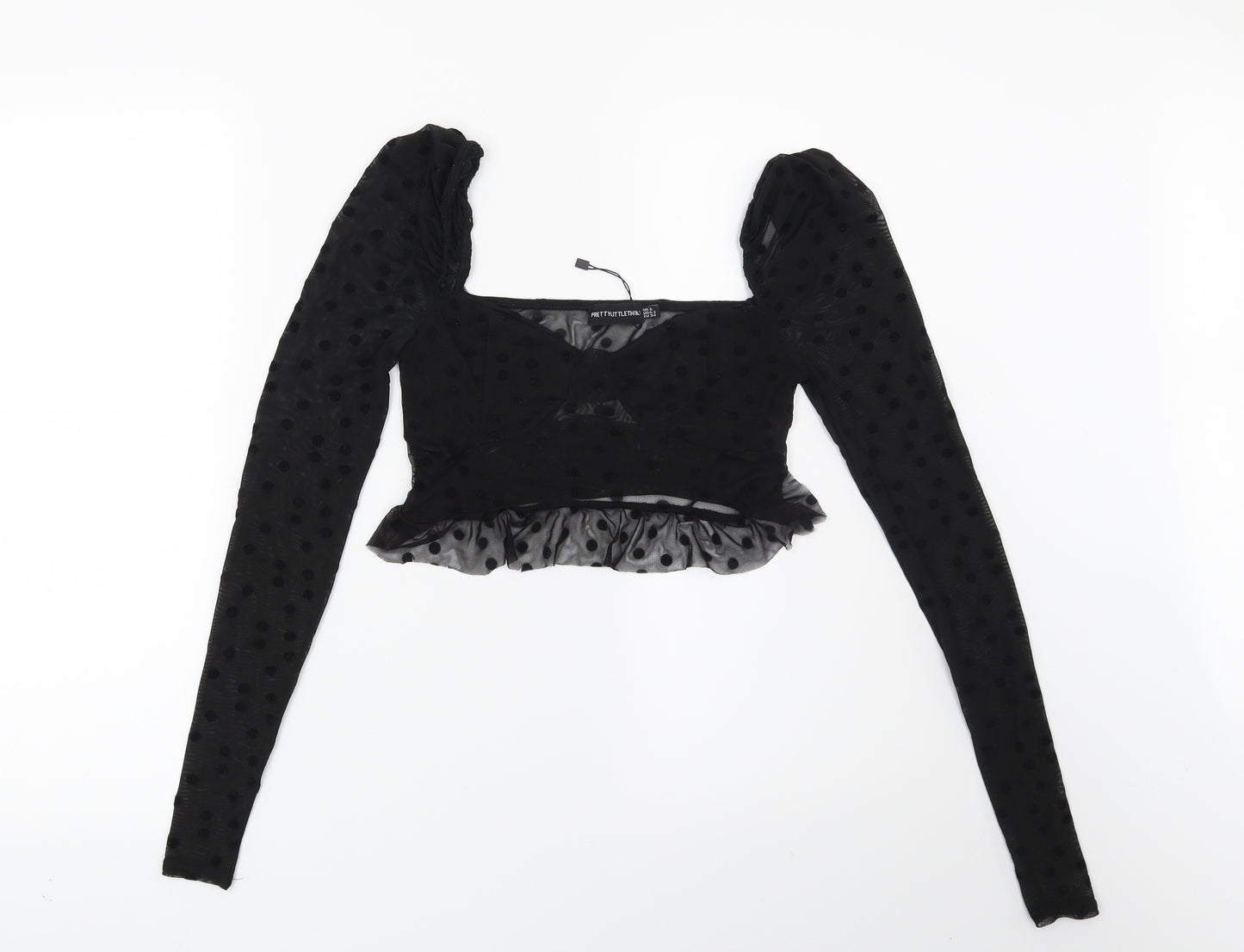 PRETTYLITTLETHING Womens Black Polka Dot  Cropped Blouse Size 6