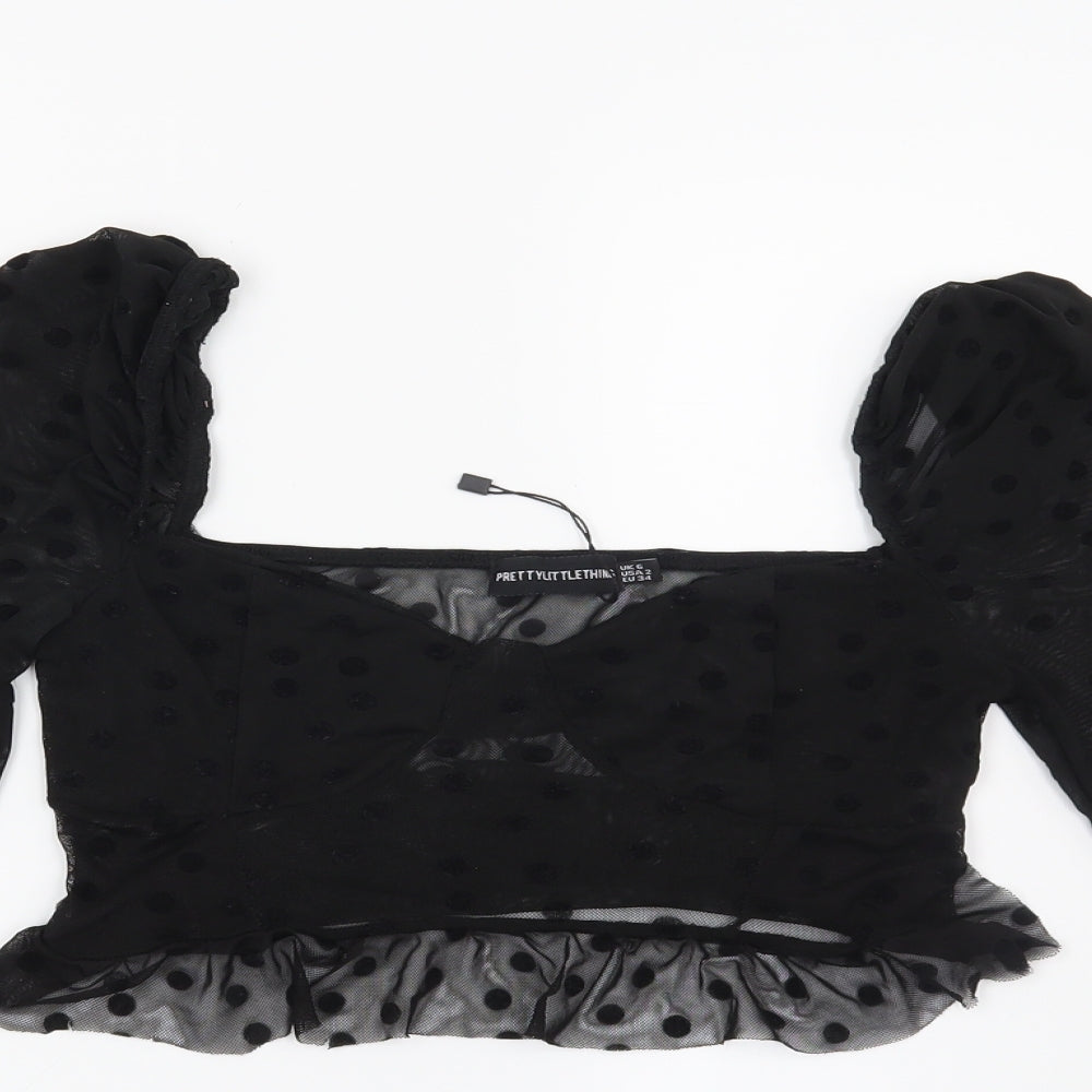 PRETTYLITTLETHING Womens Black Polka Dot  Cropped Blouse Size 6