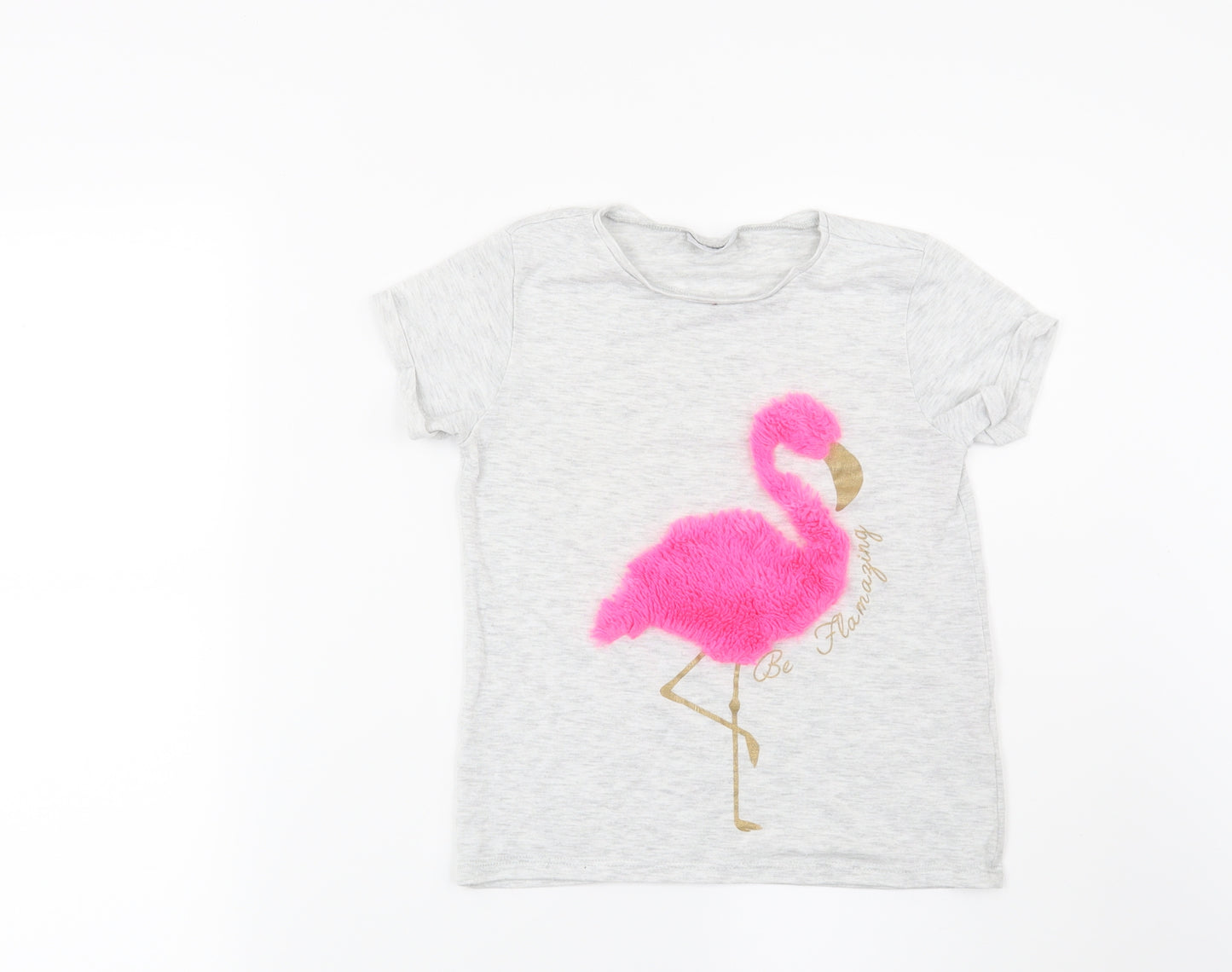 Matalan Girls Grey   Basic T-Shirt Size 7 Years  - Flamingo