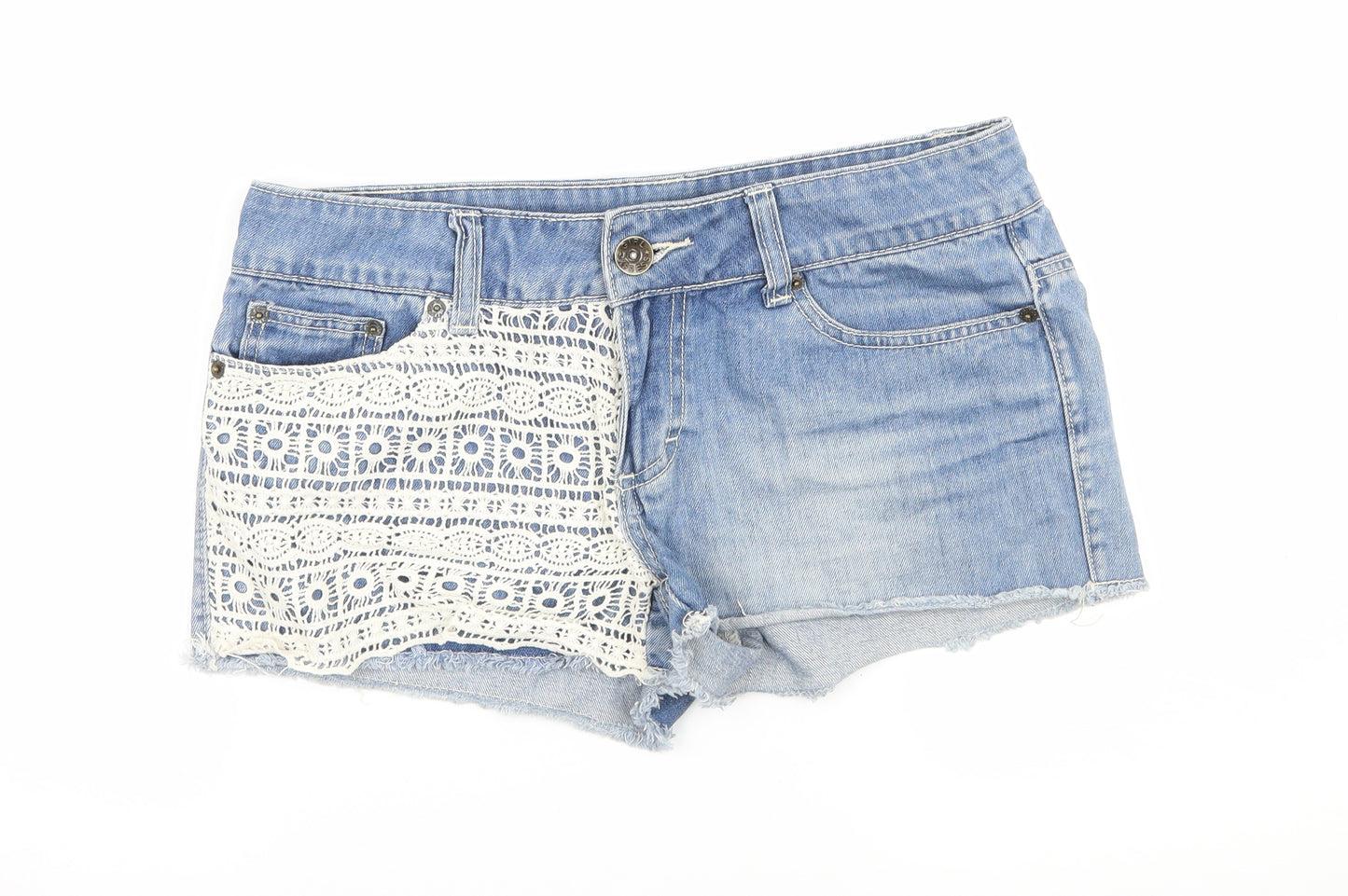 Girls Xpress Womens Blue  Denim Hot Pants Shorts Size 10 - Crochet detail