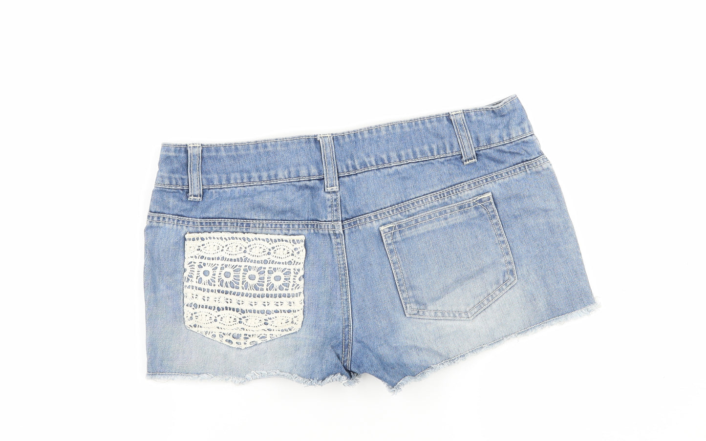 Girls Xpress Womens Blue  Denim Hot Pants Shorts Size 10 - Crochet detail