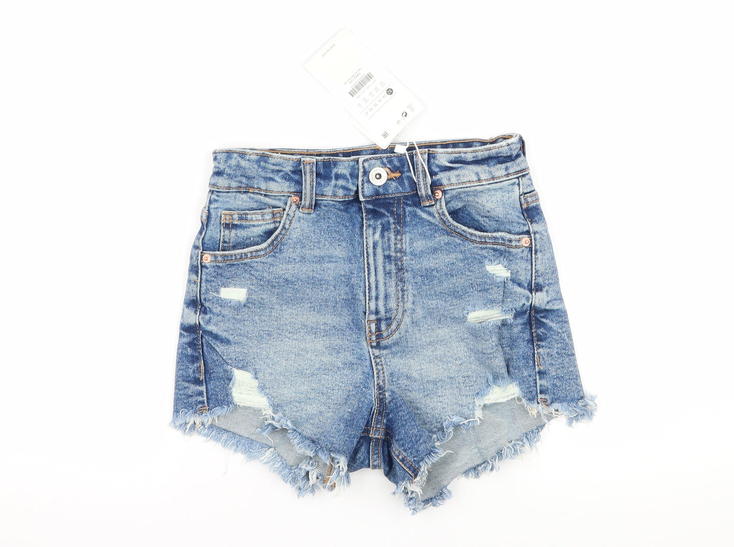 Bershka Womens Blue  Denim Hot Pants Shorts Size 4 - Distressed