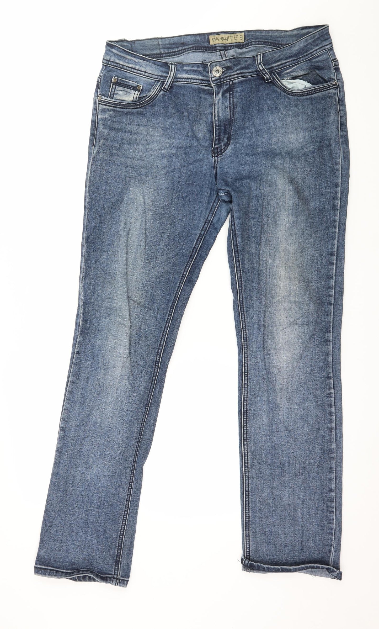 MYCHRISTY Womens Blue  Denim Straight Jeans Size 14 L29 in