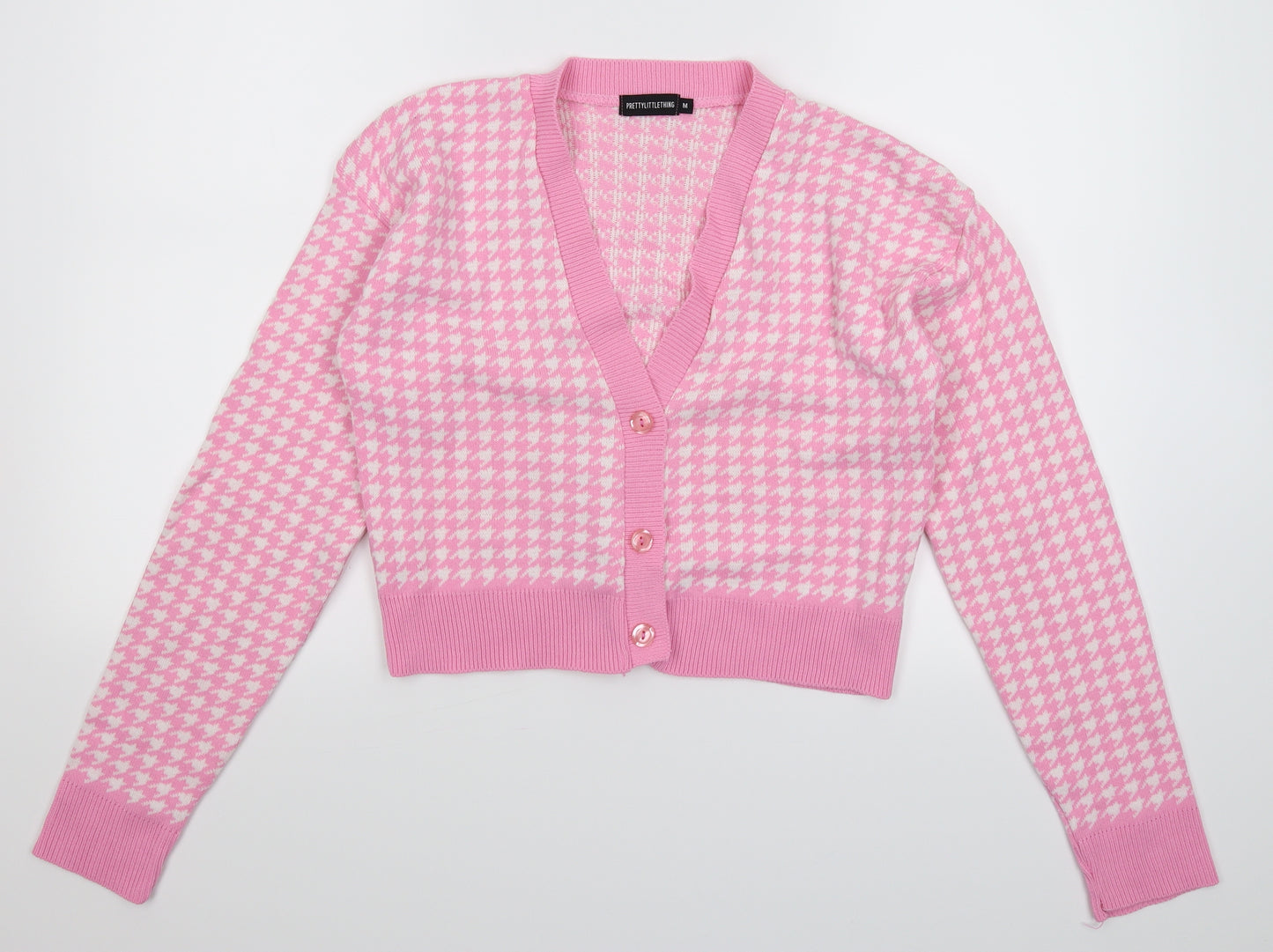 PRETTYLITTLETHING Womens Pink Houndstooth Knit Cardigan Jumper Size M