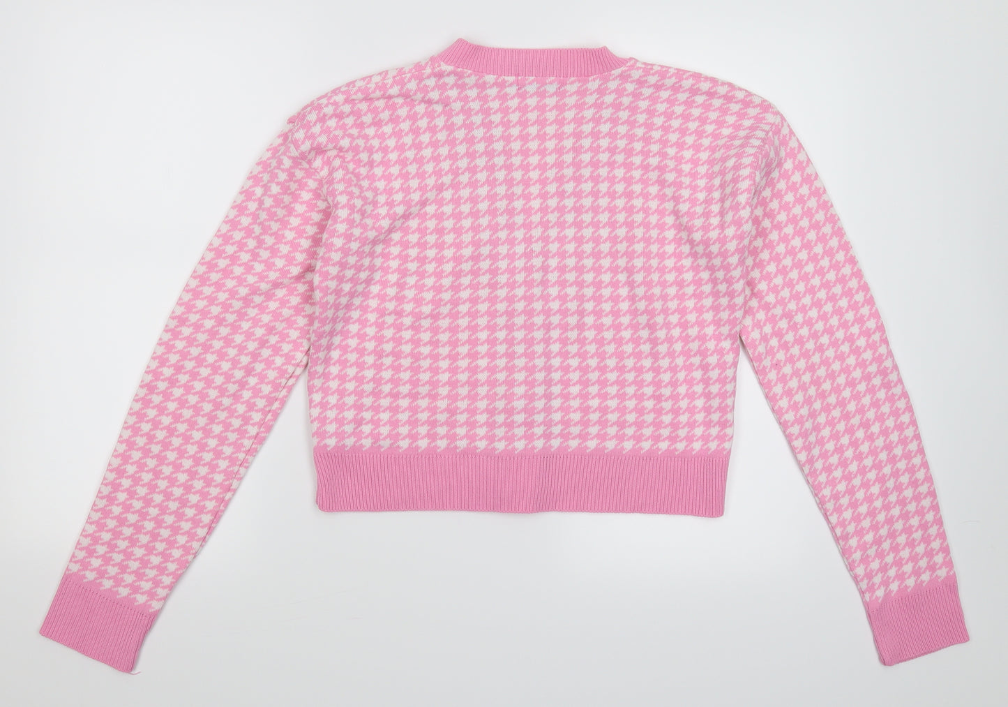 PRETTYLITTLETHING Womens Pink Houndstooth Knit Cardigan Jumper Size M