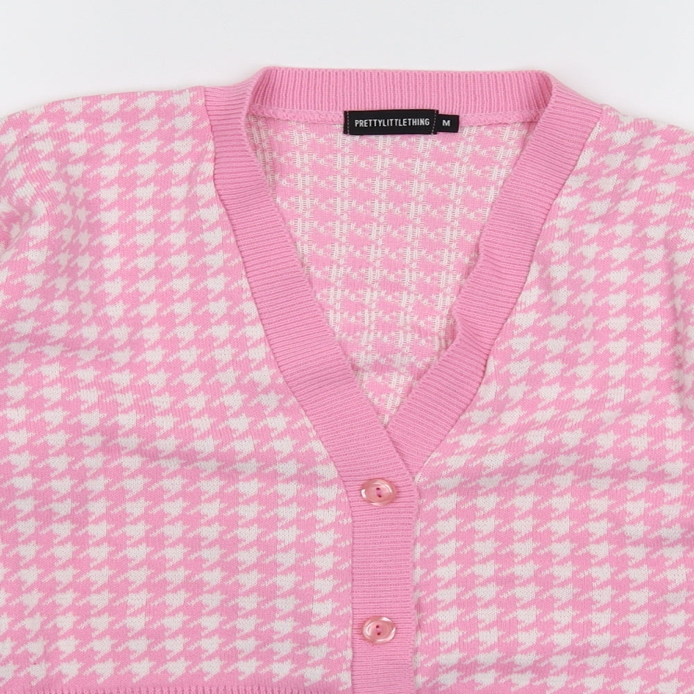 PRETTYLITTLETHING Womens Pink Houndstooth Knit Cardigan Jumper Size M