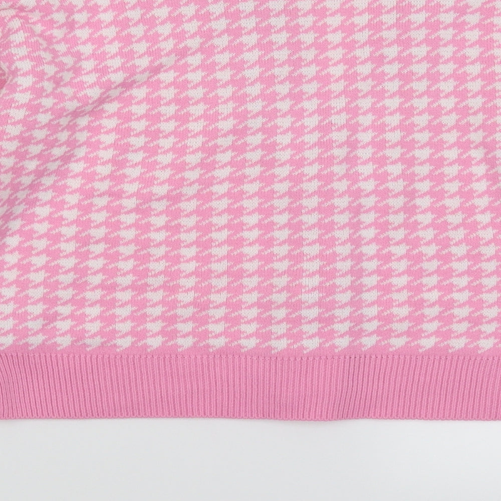 PRETTYLITTLETHING Womens Pink Houndstooth Knit Cardigan Jumper Size M