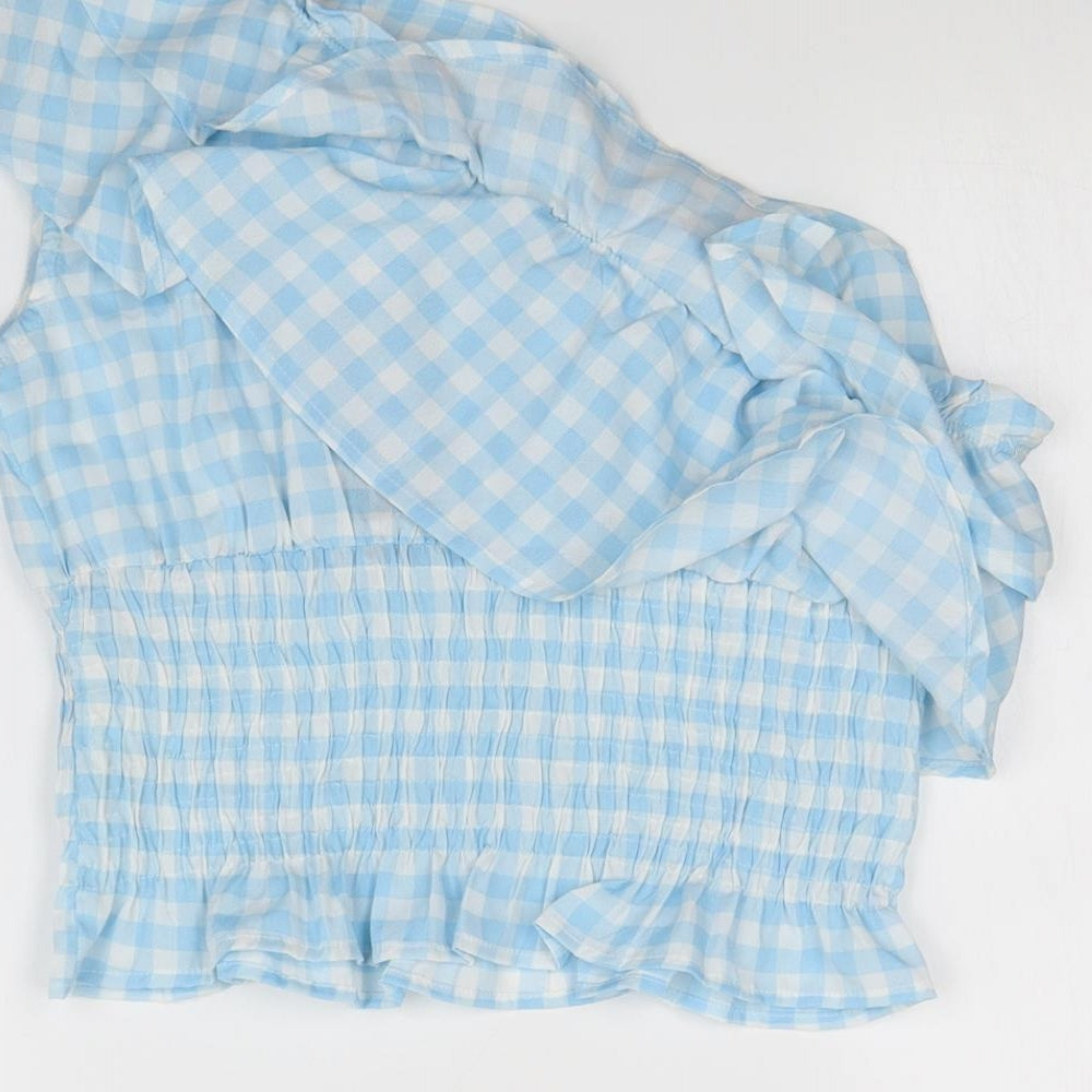 Boohoo Womens Blue Plaid  Basic Blouse Size 14