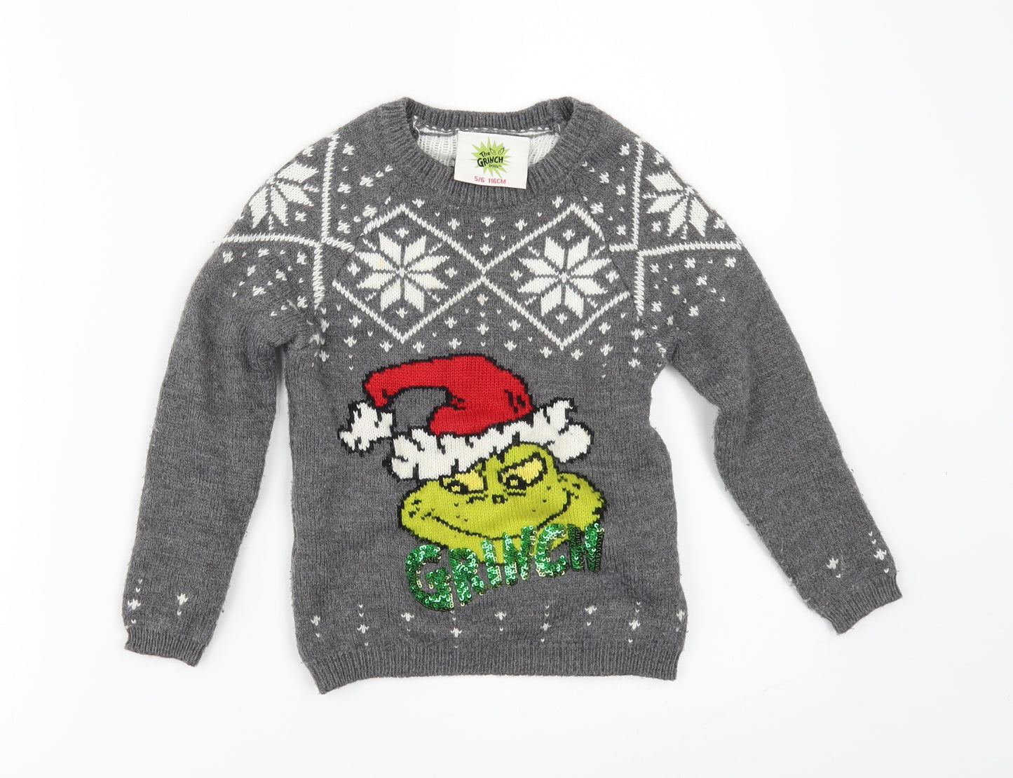 Primark Boys Grey   Pullover Jumper Size 5-6 Years  - Grinch Christmas