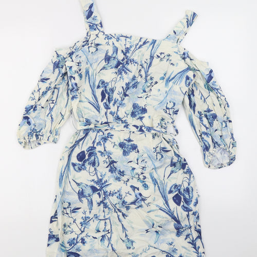 Miss Selfridge Womens Blue Floral  Skater Dress  Size 10  - cold shoulder
