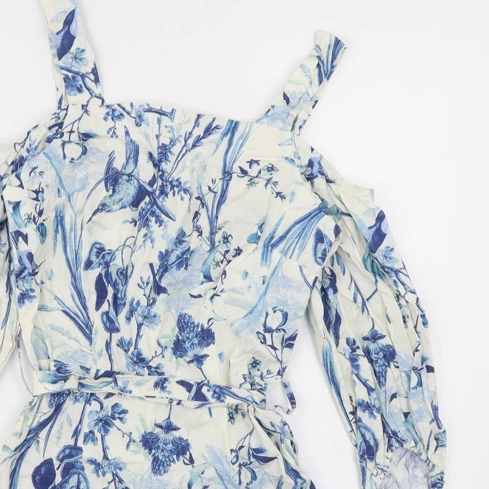 Miss Selfridge Womens Blue Floral  Skater Dress  Size 10  - cold shoulder