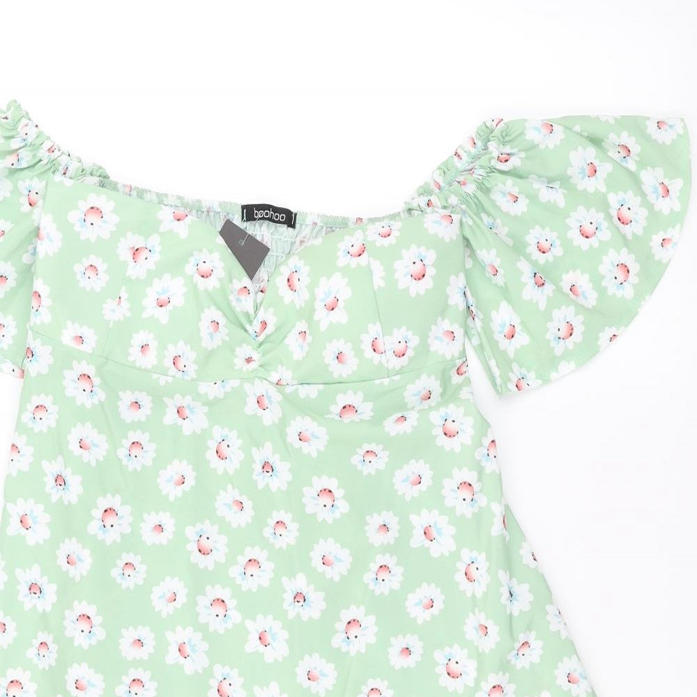 Boohoo Womens Green Floral  Skater Dress  Size 12