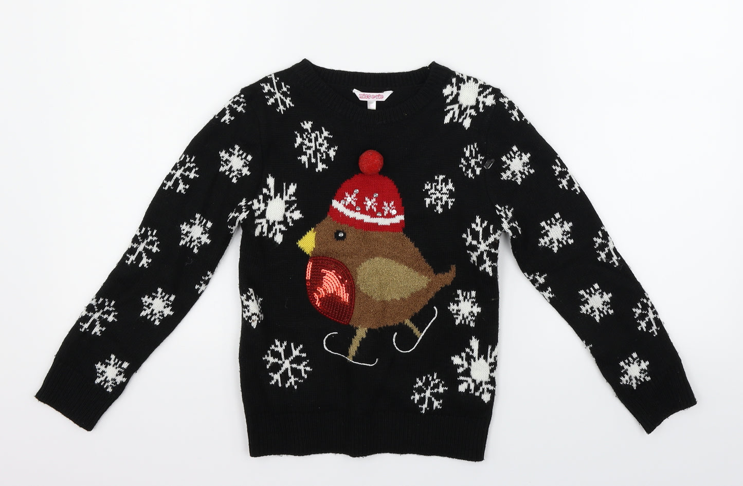 MISS EVIE Girls Black   Pullover Jumper Size 7-8 Years  - christmas robin
