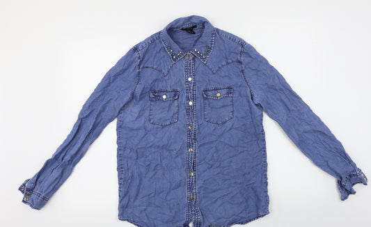 Front view of Forever 21 women’s blue basic button-up, size M