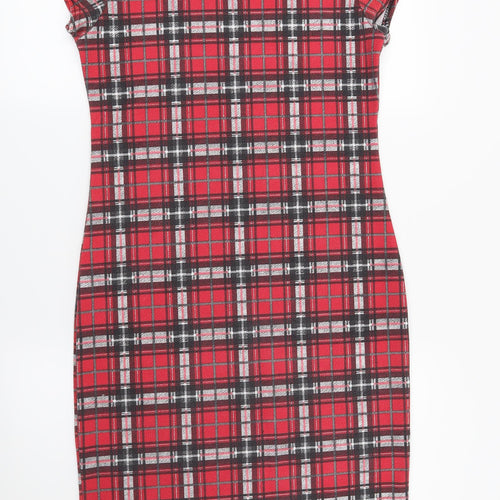 Preworn Womens Red Check Rayon Shift  Size 14