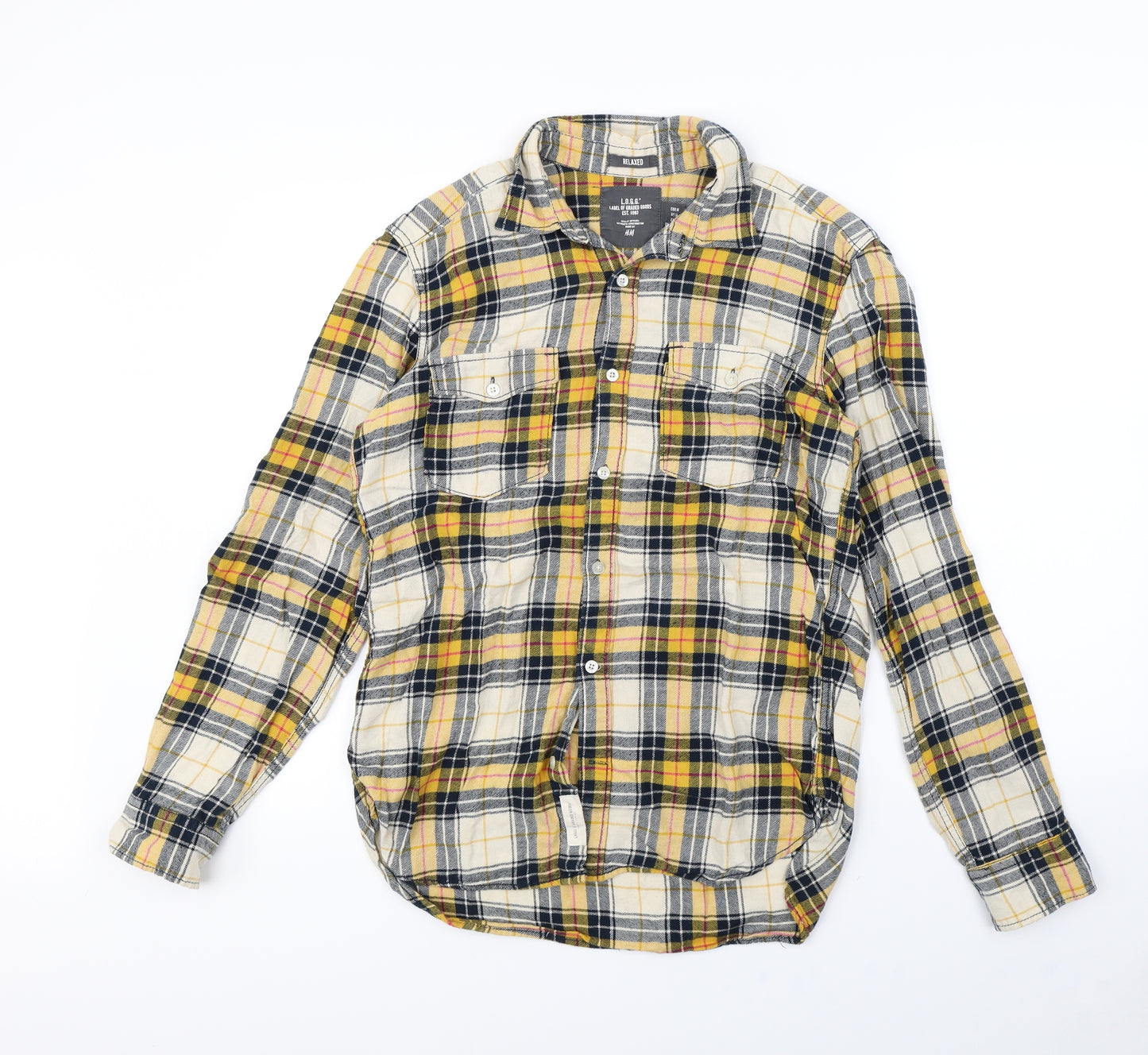 H&M Mens Yellow Check   Dress Shirt Size M