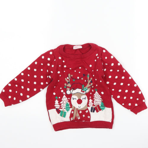so cute Girls Red Polka Dot  Pullover Jumper Size 2-3 Years  - christmas reindeer