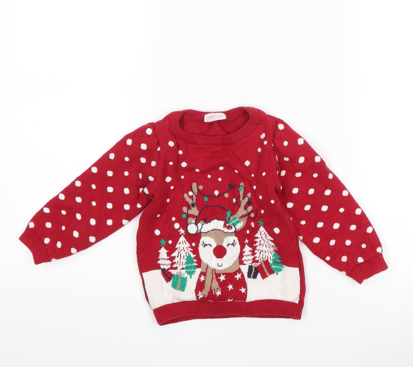 so cute Girls Red Polka Dot  Pullover Jumper Size 2-3 Years  - christmas reindeer