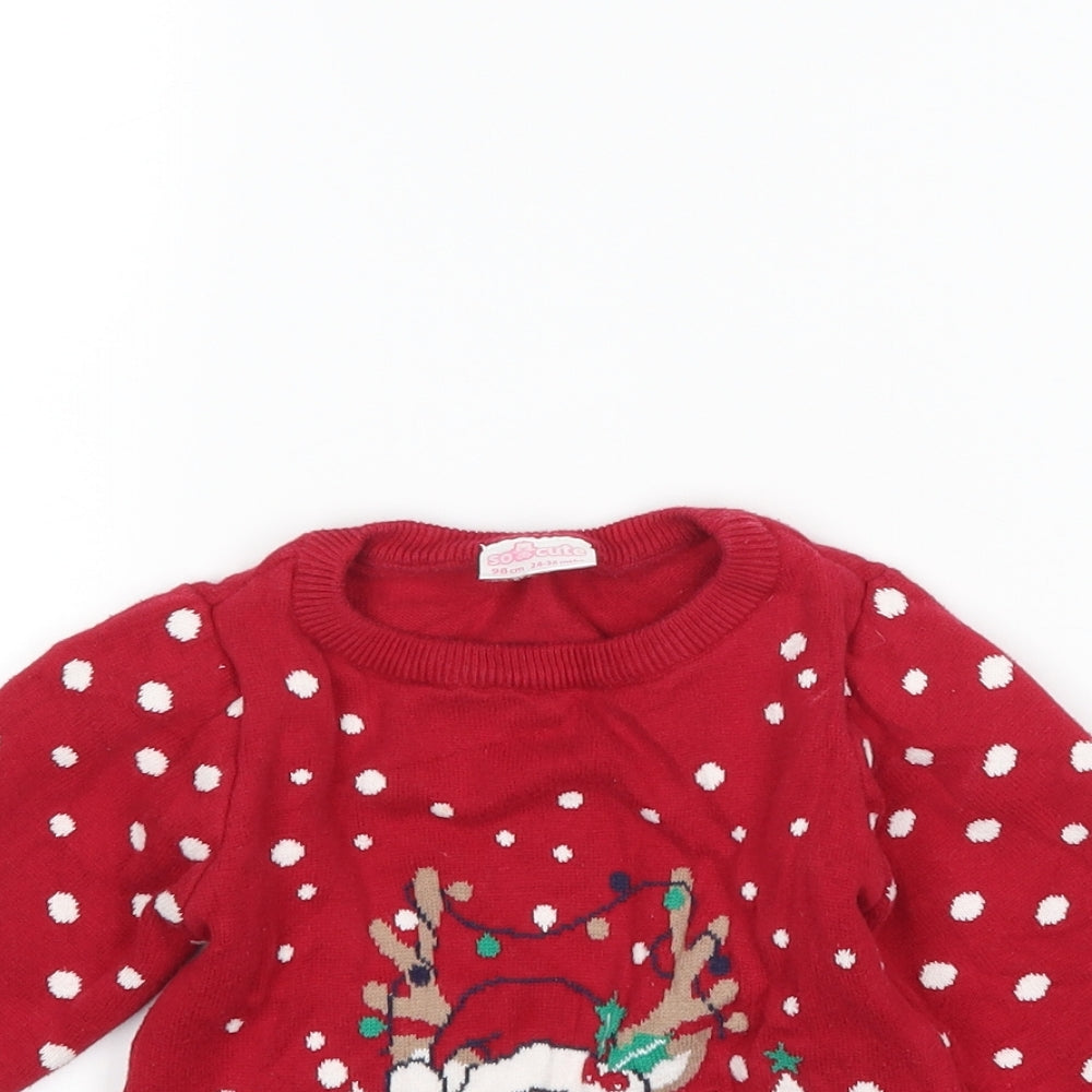 so cute Girls Red Polka Dot  Pullover Jumper Size 2-3 Years  - christmas reindeer