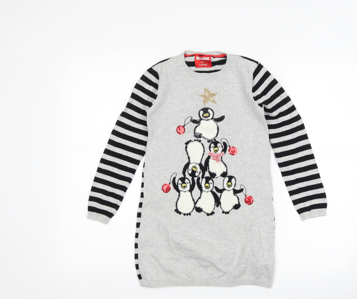 George Girls Grey Striped  Jumper Dress  Size 6-7 Years  - christmas penguin