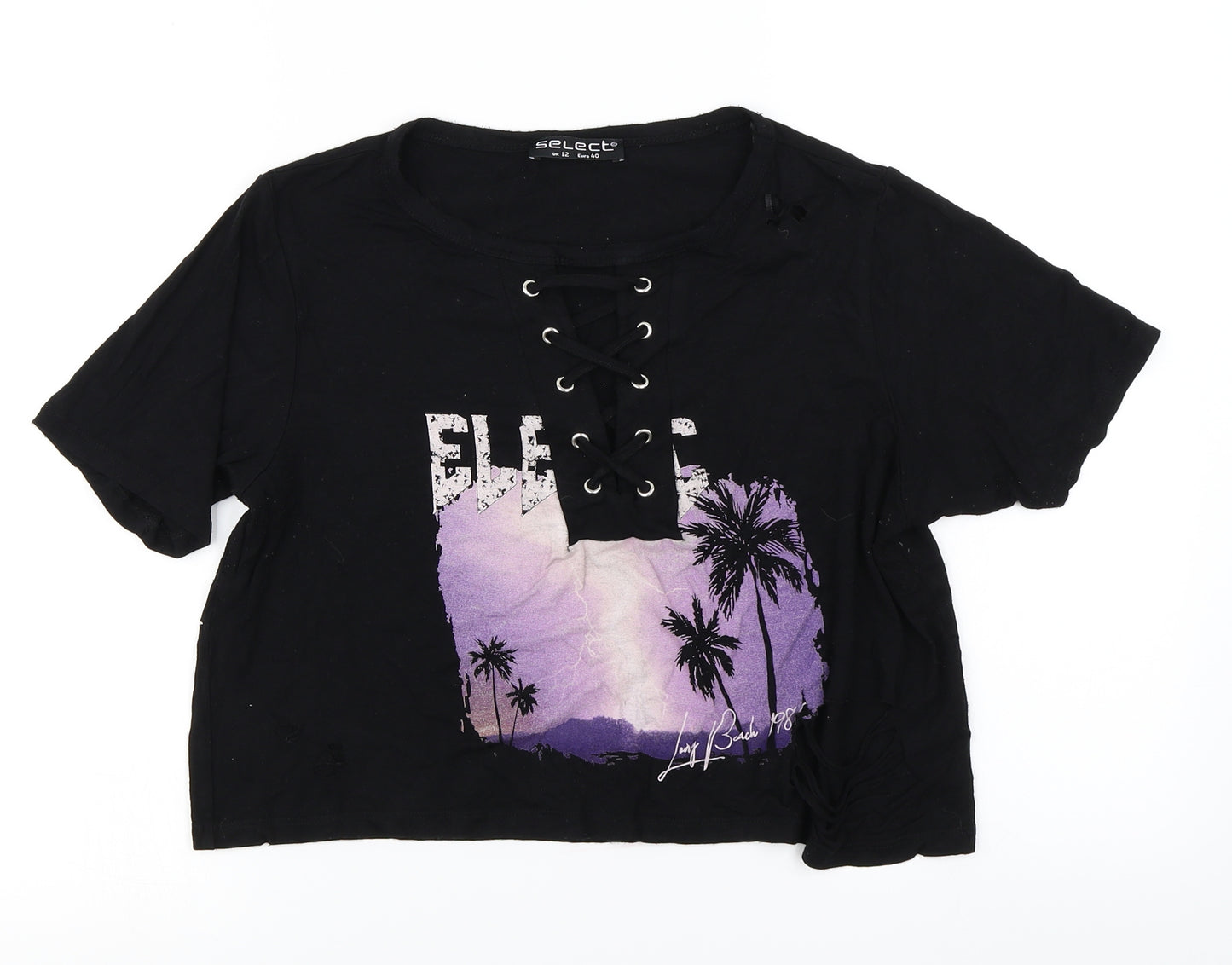 Select Womens Black   Cropped T-Shirt Size 12  - Distressed