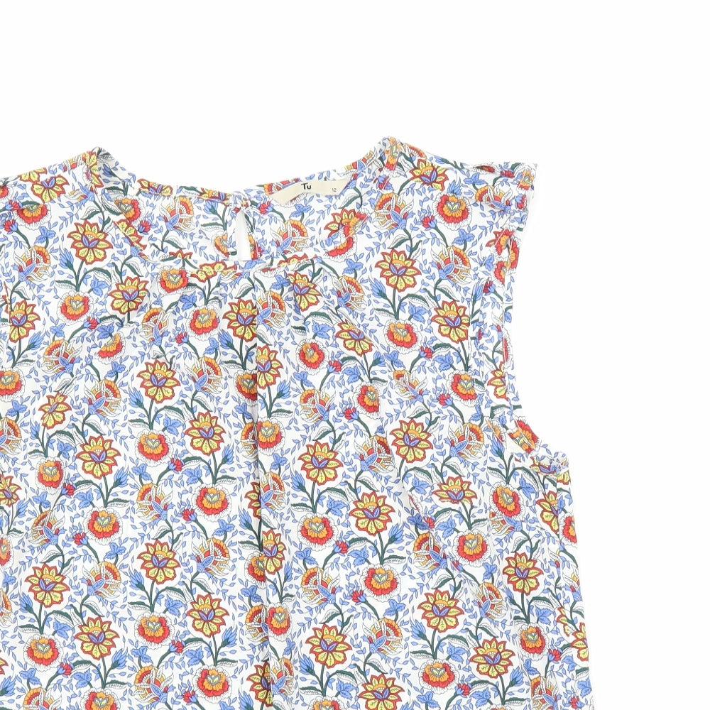 TU Womens Blue Floral  Basic Blouse Size 12