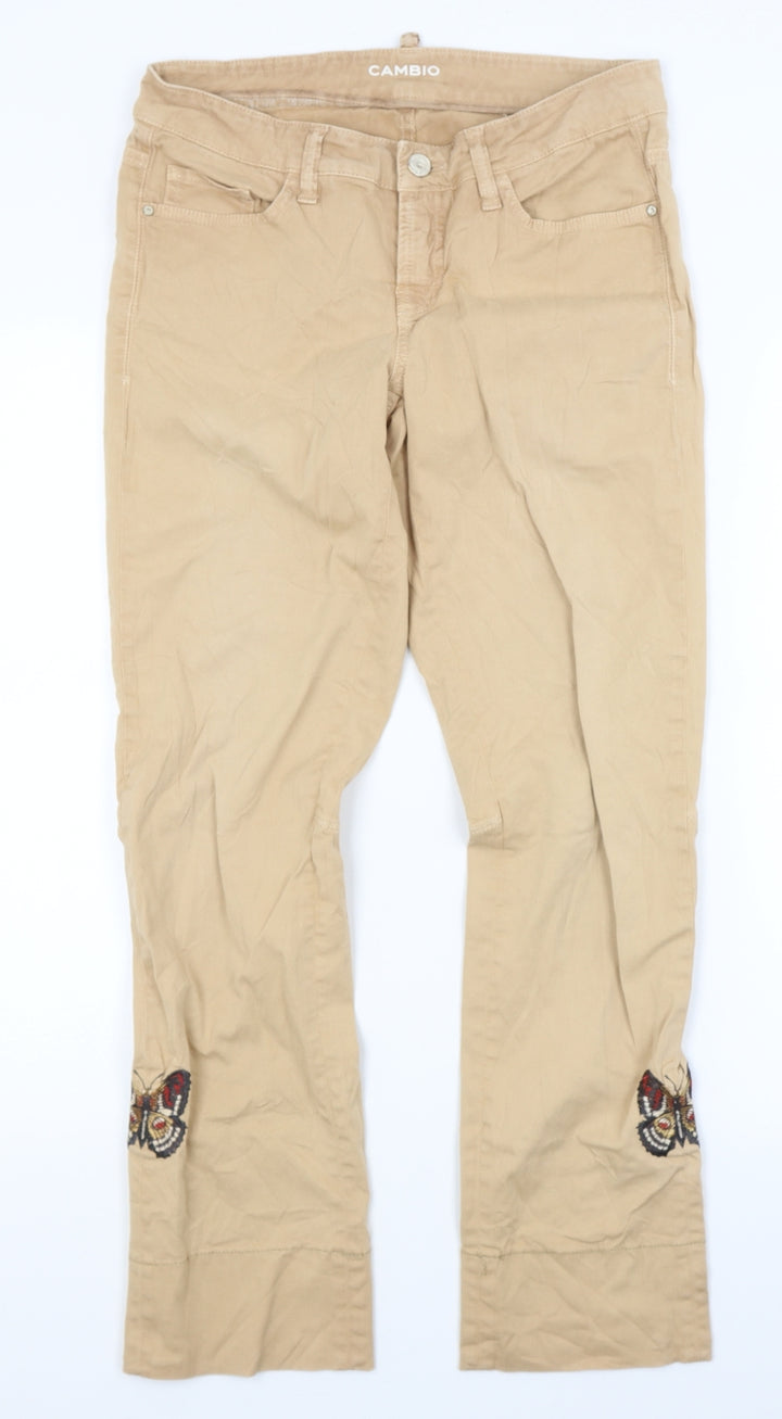 Cambio Womens Beige  Denim Straight Jeans Size 28 in L26 in - Butterfly print on legs