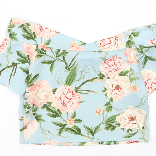 Miss Selfridge Womens Blue Floral  Cropped T-Shirt Size 10