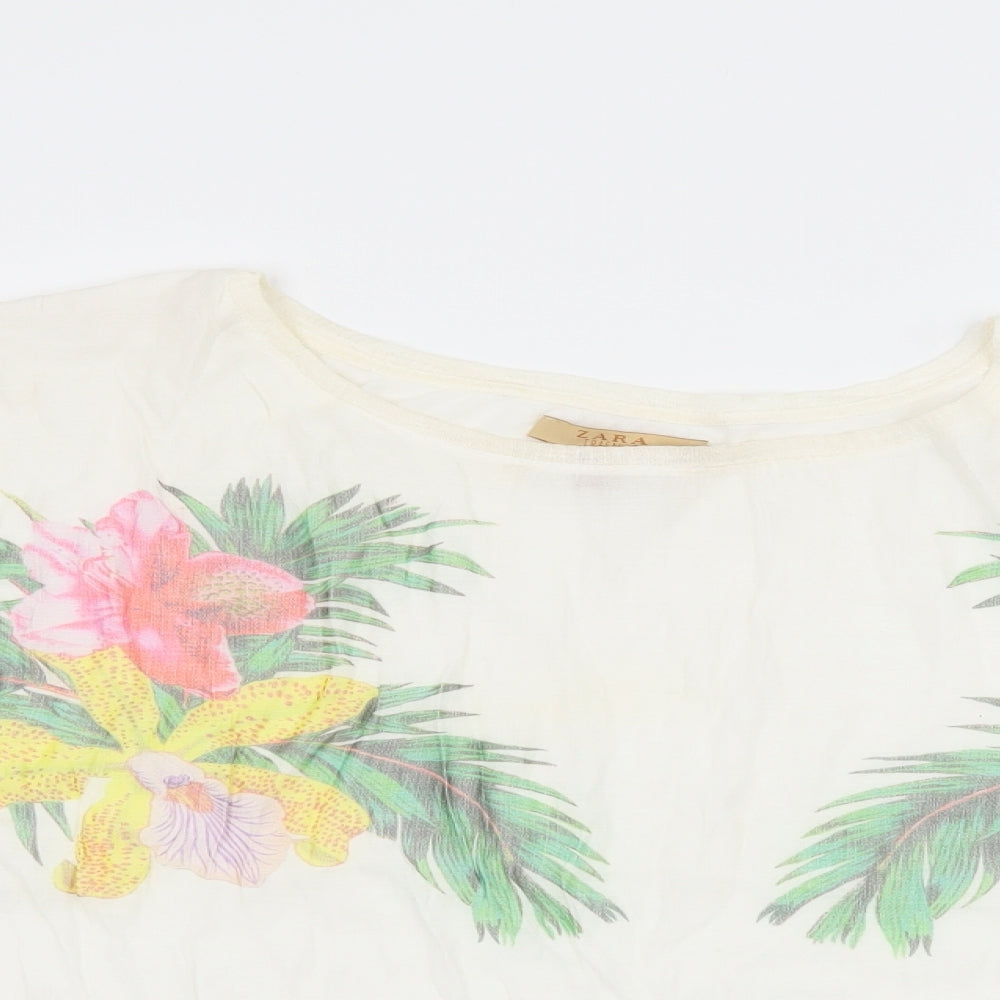 Zara Womens White Floral  Basic T-Shirt Size M