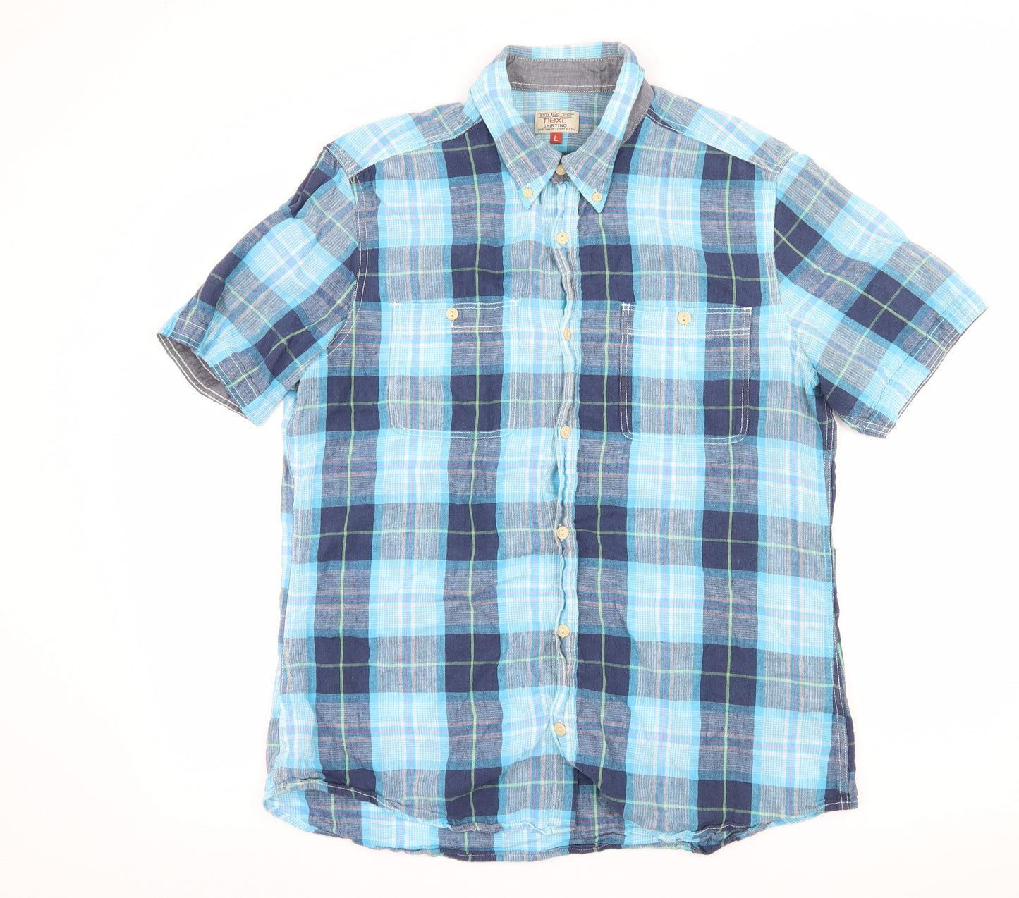 NEXT Mens Blue Plaid   Button-Up Size L