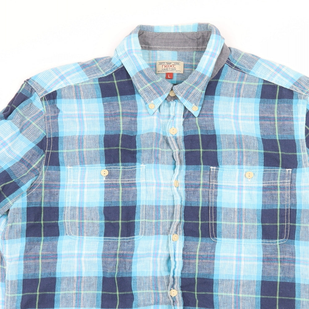 NEXT Mens Blue Plaid   Button-Up Size L