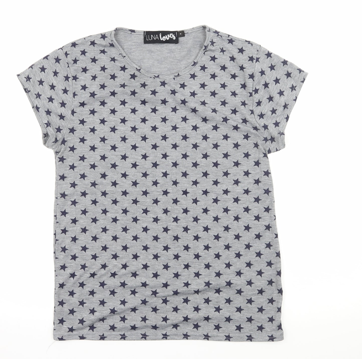 Luna Loves Womens Grey Geometric Jersey Basic T-Shirt Size S  - Stars