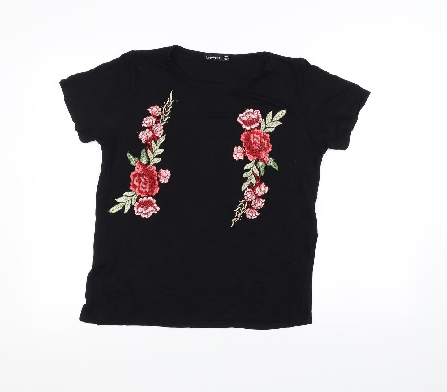 Boohoo Womens Black Floral  Basic T-Shirt Size 12
