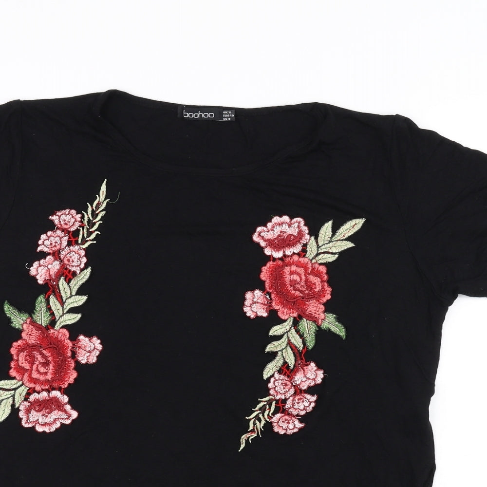 Boohoo Womens Black Floral  Basic T-Shirt Size 12