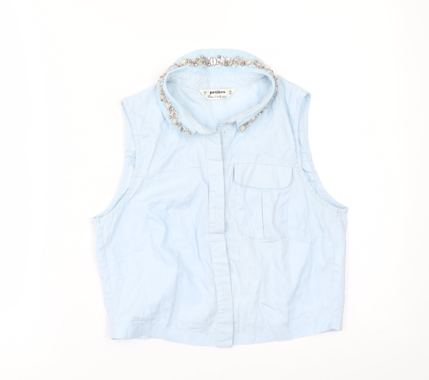 Miss Selfridge Womens Blue   Cropped Button-Up Size 8  - rhinestone collar