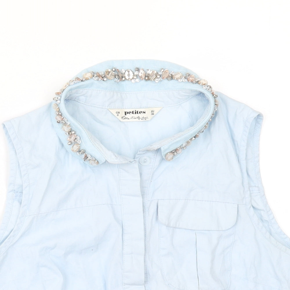 Miss Selfridge Womens Blue   Cropped Button-Up Size 8  - rhinestone collar