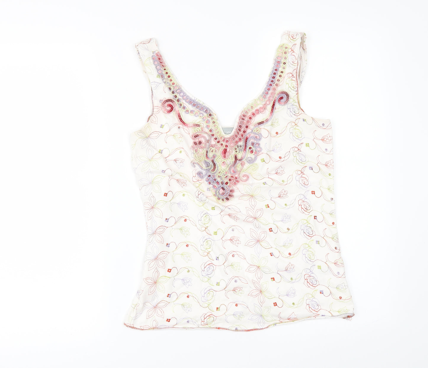 Per Una Womens Ivory Floral  Basic T-Shirt Size 10  - Embroidered