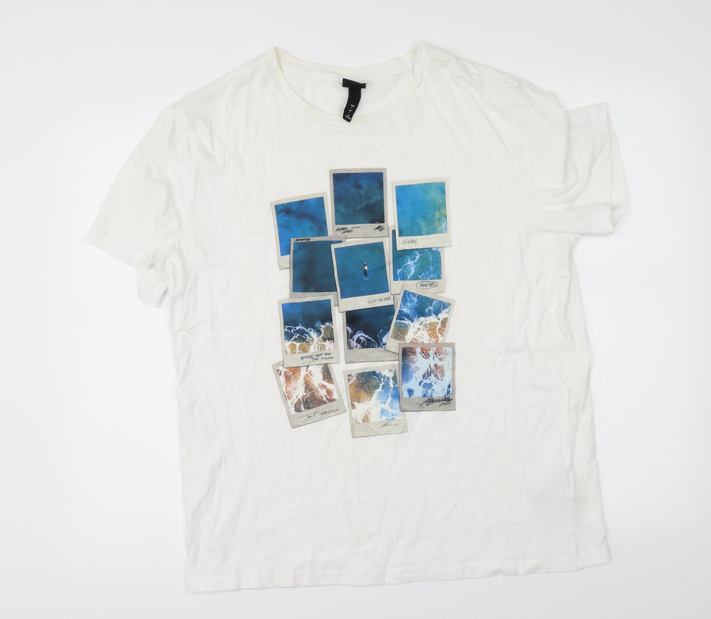 H&M Mens White    T-Shirt Size L  - surf usa