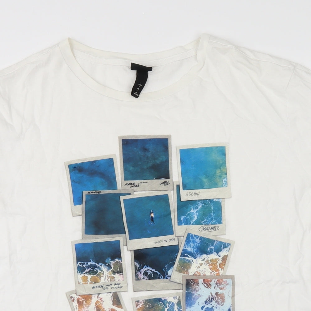 H&M Mens White    T-Shirt Size L  - surf usa
