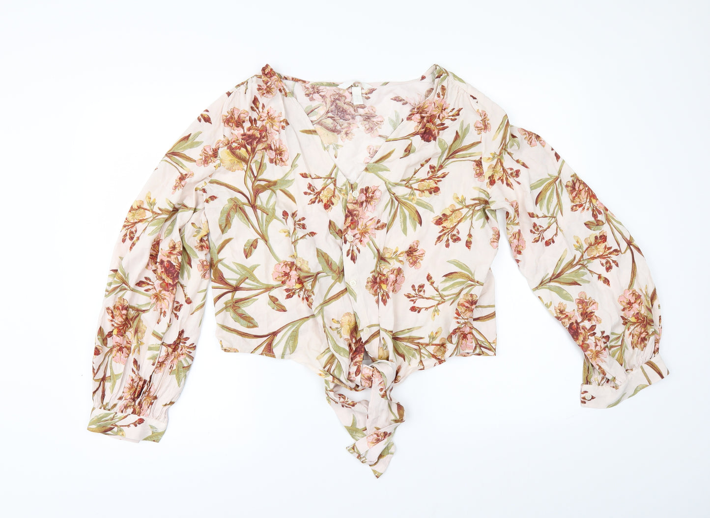 H&M Womens Ivory Floral  Kimono Button-Up Size 12  - TIE FRONT