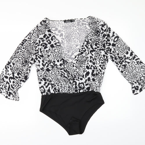 Boohoo Womens Black Animal Print  Bodysuit One-Piece Size 10  - flared sleeves