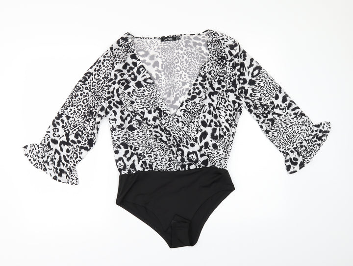 Boohoo Womens Black Animal Print Bodysuit One-Piece Size 10 - flared sleeves