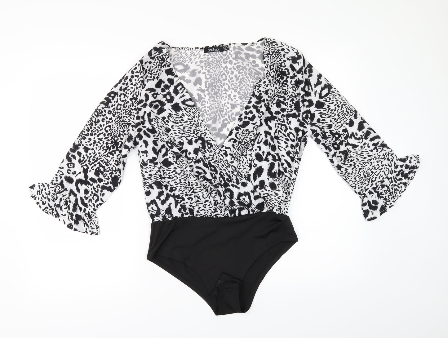 Boohoo Womens Black Animal Print  Bodysuit One-Piece Size 10  - flared sleeves