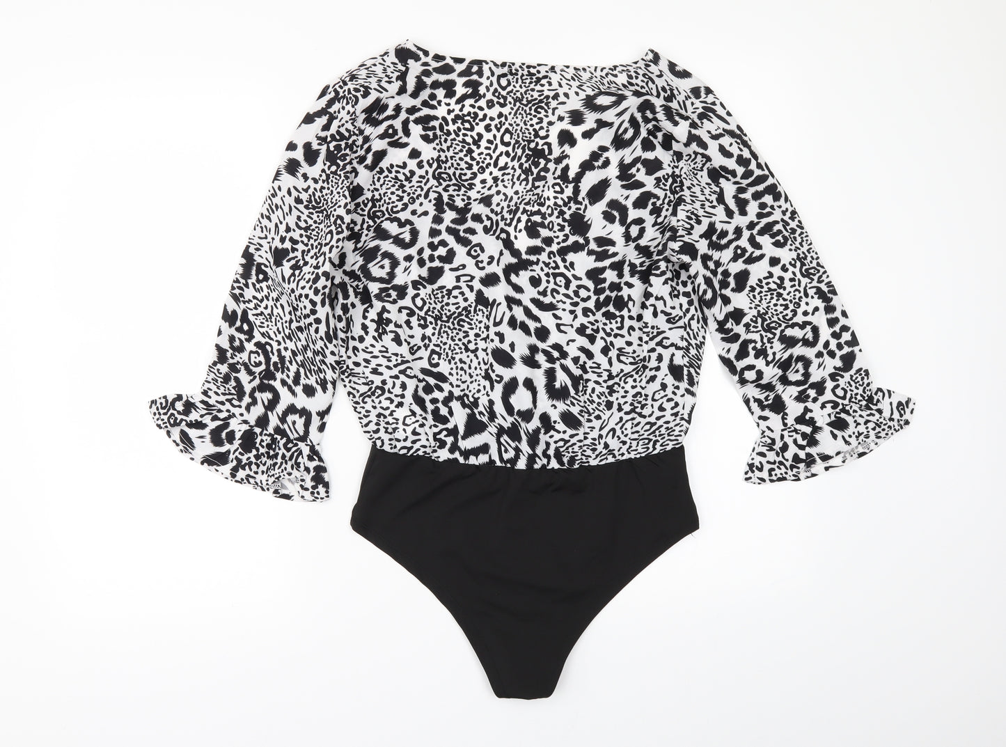 Boohoo Womens Black Animal Print  Bodysuit One-Piece Size 10  - flared sleeves