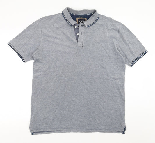 Front view of Boston Crew men’s blue polo, size L