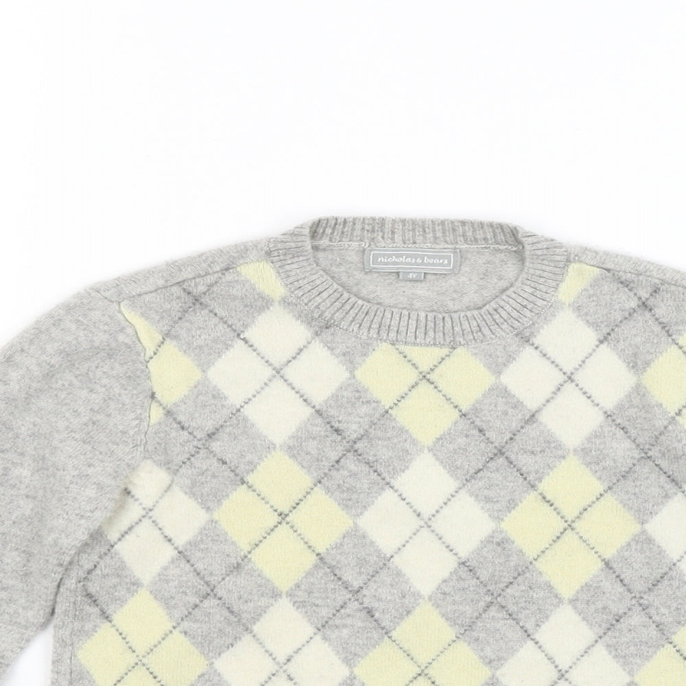 Nicholas & Bears Boys Grey Argyle/Diamond Knit Pullover Jumper Size 4 Years