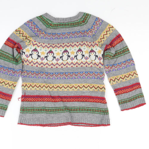 JoJo Maman Bébé Girls Grey  Knit Pullover Jumper Size 4-5 Years  - Penguin