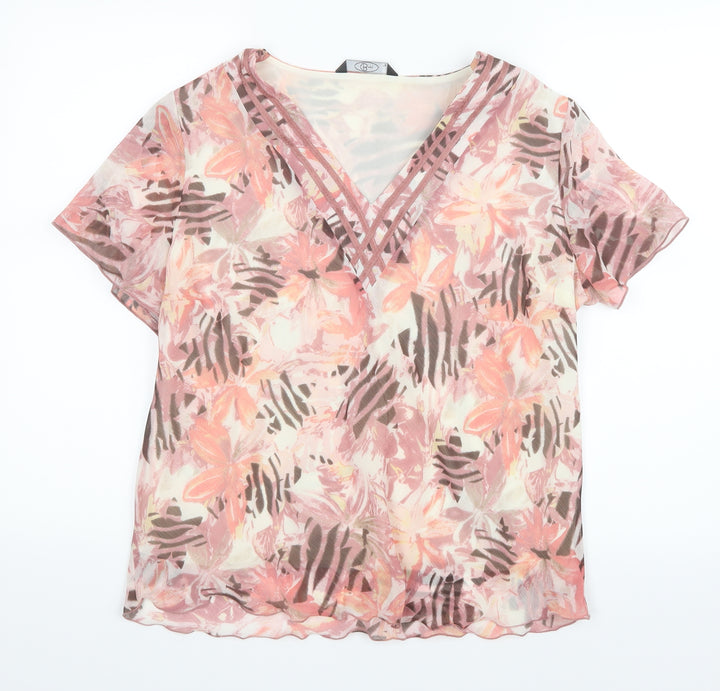 BM Womens Pink Geometric Mesh Basic Blouse Size 16