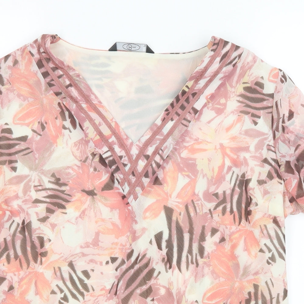 BM Womens Pink Geometric Mesh Basic Blouse Size 16