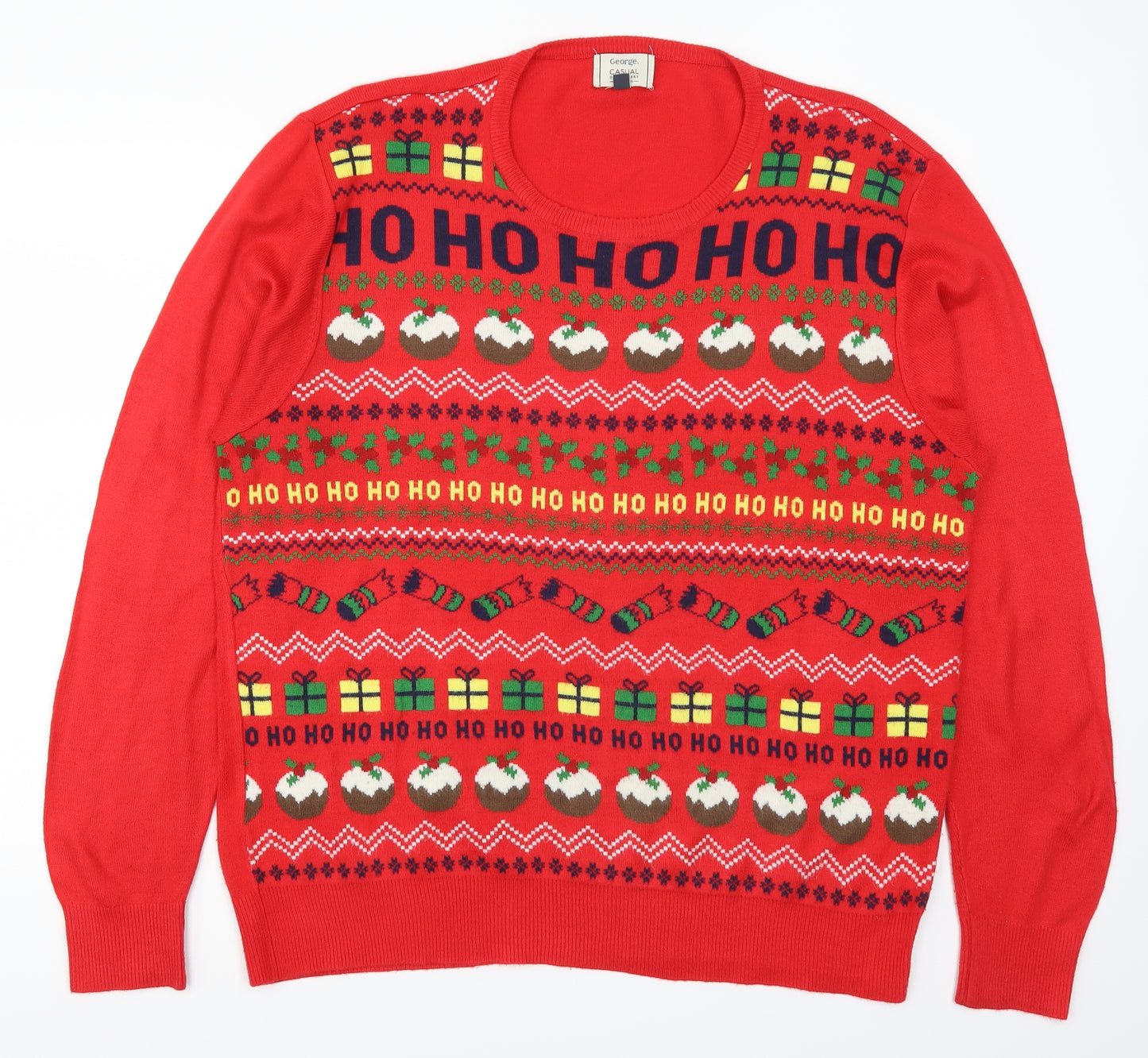 George Mens Red   Pullover Jumper Size L  - Ho Ho Ho Christmas Prints